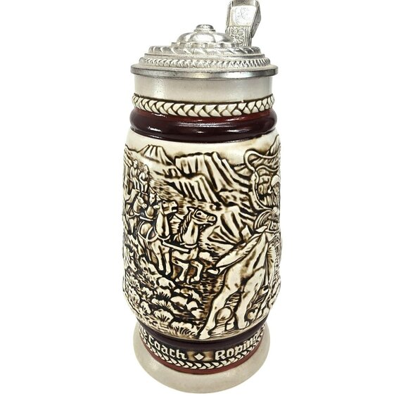 Vintage Avon Beer Stein Cattle Drive Chuck Wagon Scene Pewter Lid JE380 - Picture 9 of 9